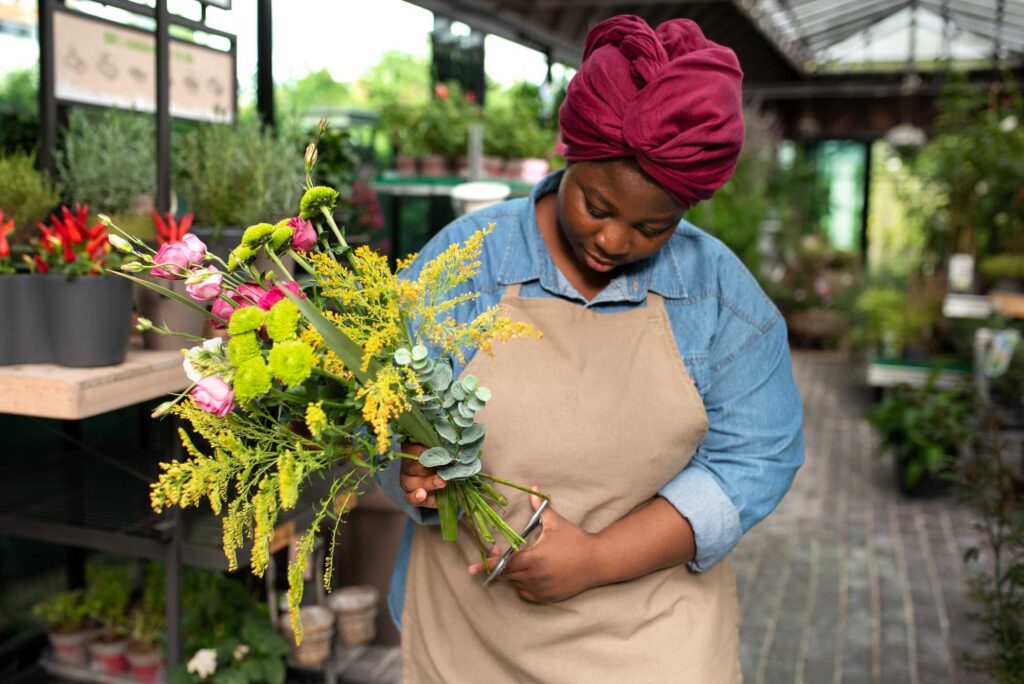 Expert florist arranging flowers at Flowersandflowers.com.ng
